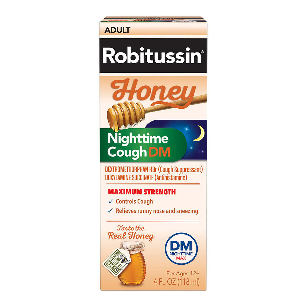 Robitussin Maximum Strength Nighttime Cough DM Syrup, Cough Medicine for Adults, Honey Flavor, 4 Oz